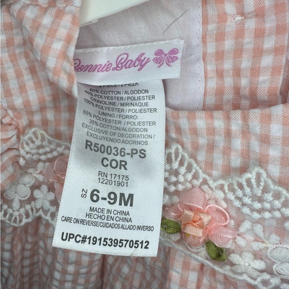BonnieBaby Spring Pink Gingham Dress with Lace and Flower Detail - Picture 3 of 3